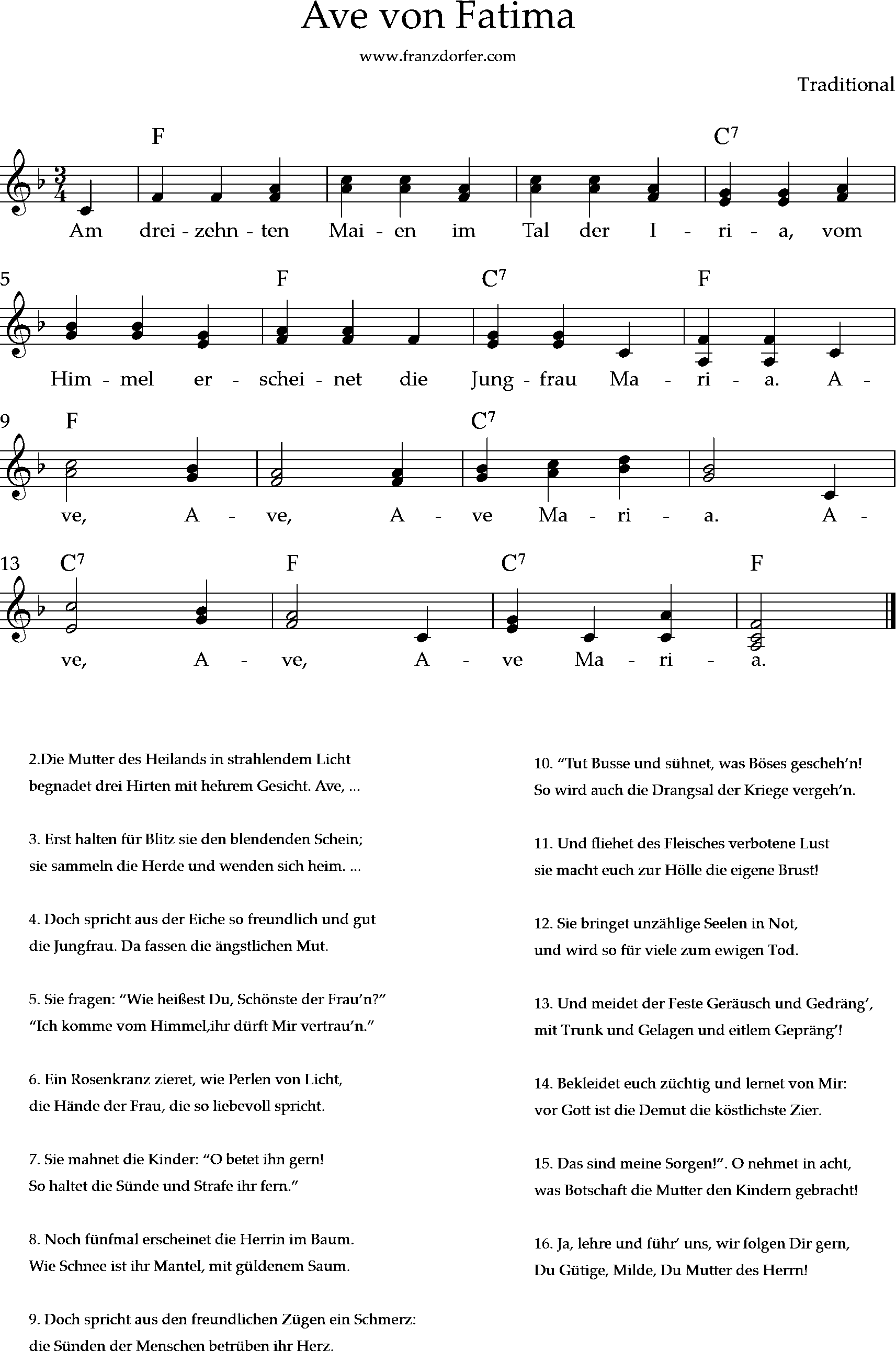 Leadsheet, Ave von Fatima, Am dreizehnten Maien 2stimmig Noten, Ave maria von Fatima